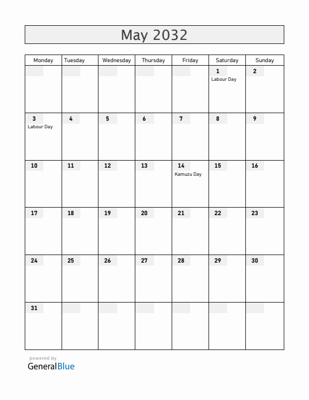Malawi May 2032 Calendar with Holidays