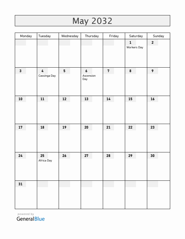 Namibia May 2032 Calendar with Holidays