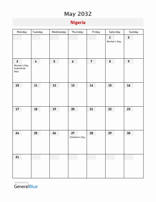 Nigeria May 2032 Calendar with Holidays