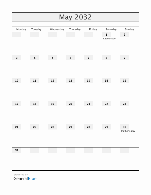 Nicaragua May 2032 Calendar with Holidays