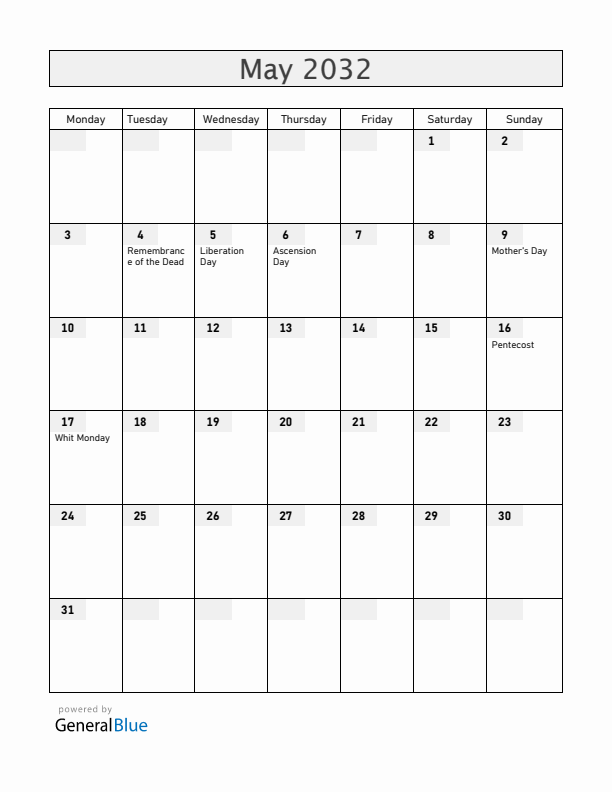 The Netherlands May 2032 Calendar with Holidays