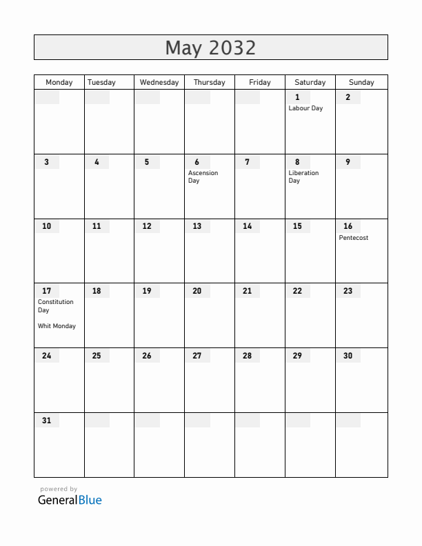 Norway May 2032 Calendar with Holidays