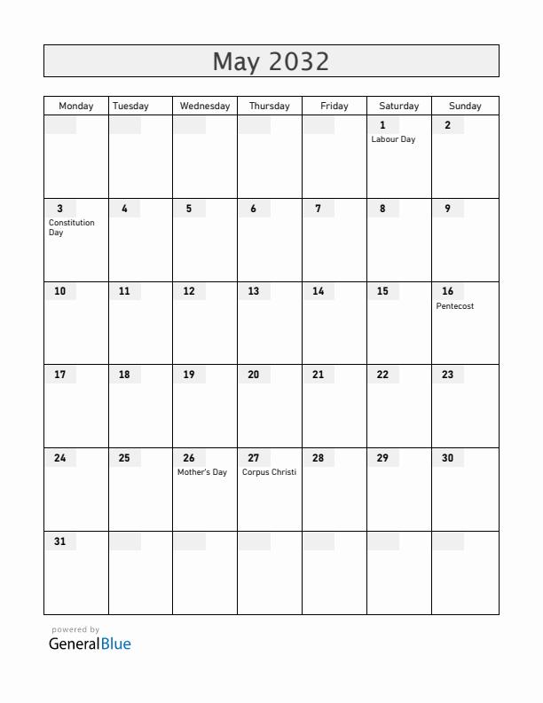 Poland May 2032 Calendar with Holidays