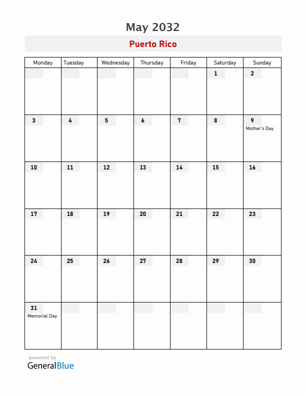Puerto Rico May 2032 Calendar with Holidays