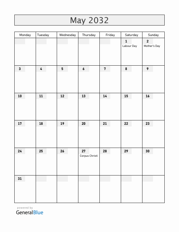 Portugal May 2032 Calendar with Holidays