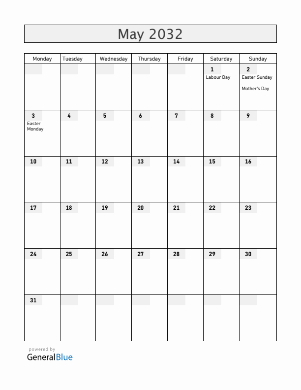 Romania May 2032 Calendar with Holidays