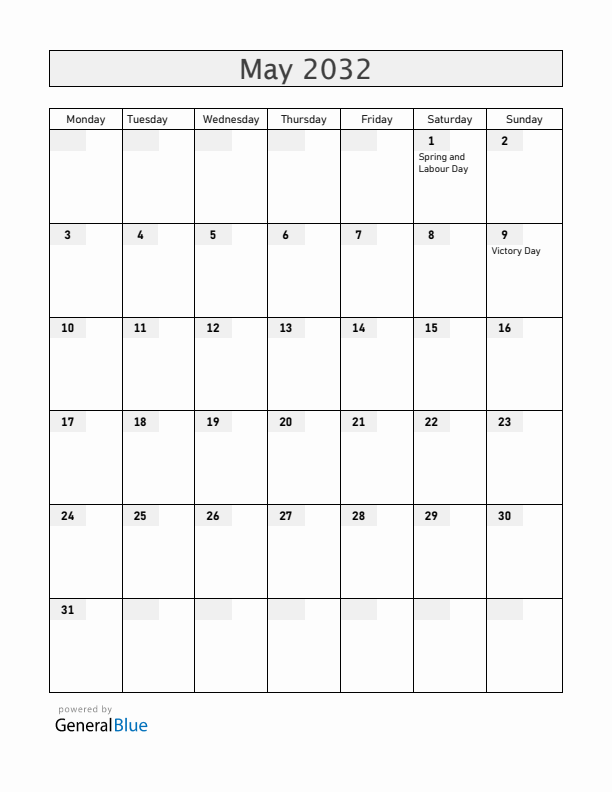 Russia May 2032 Calendar with Holidays