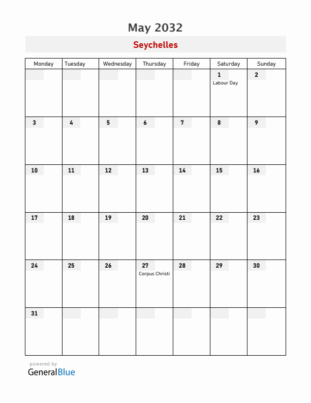 Seychelles May 2032 Calendar with Holidays