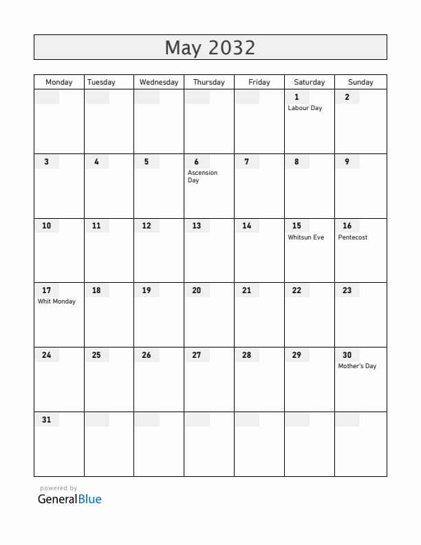 Sweden May 2032 Calendar with Holidays