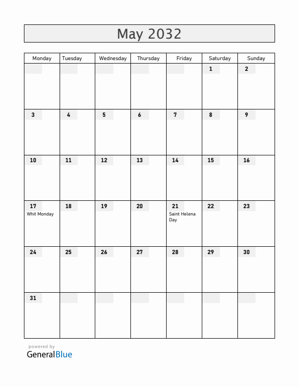 Saint Helena May 2032 Calendar with Holidays