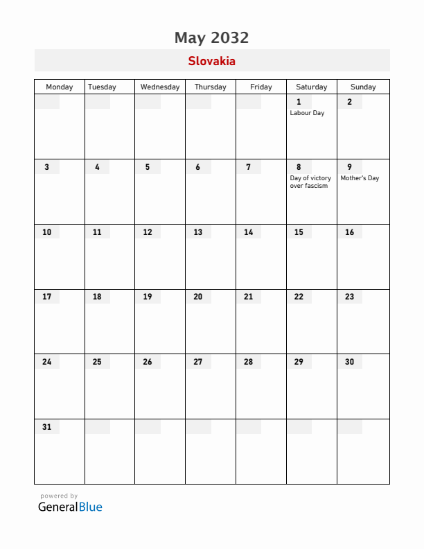 Slovakia May 2032 Calendar with Holidays