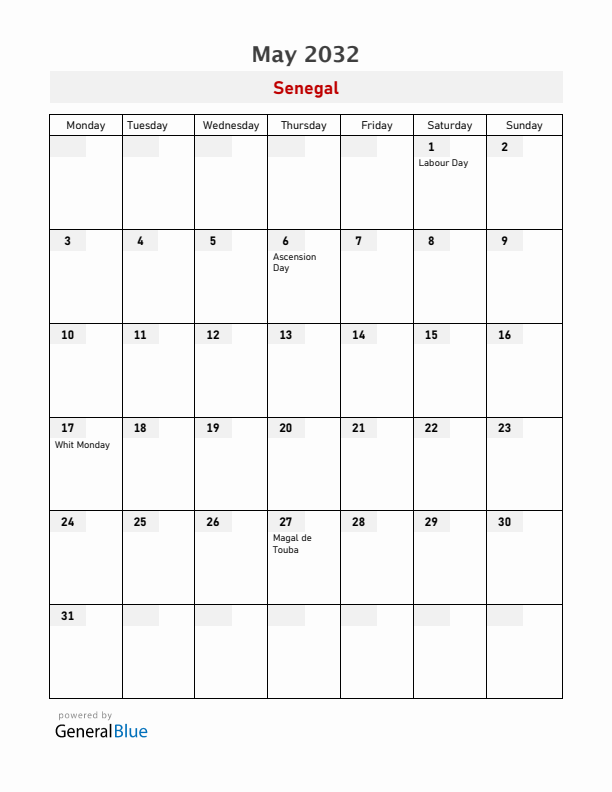 Senegal May 2032 Calendar with Holidays