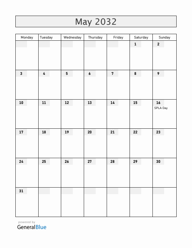 South Sudan May 2032 Calendar with Holidays