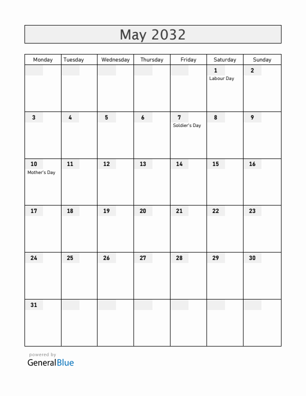El Salvador May 2032 Calendar with Holidays
