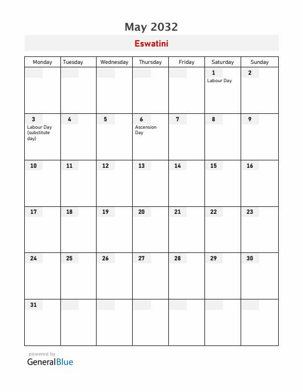 Eswatini May 2032 Calendar with Holidays
