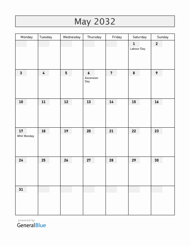 Togo May 2032 Calendar with Holidays