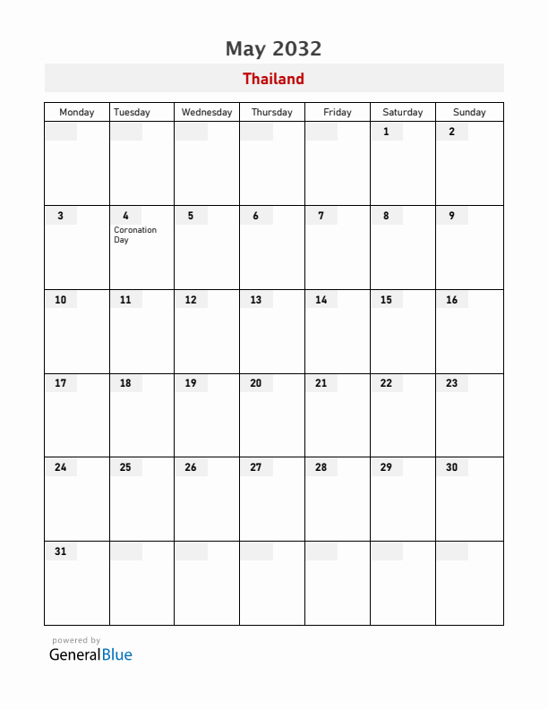 Thailand May 2032 Calendar with Holidays