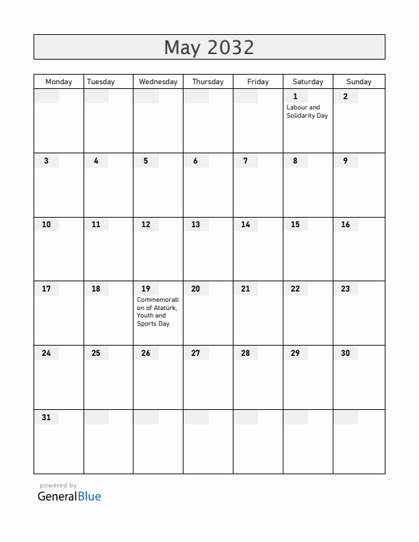 Turkey May 2032 Calendar with Holidays