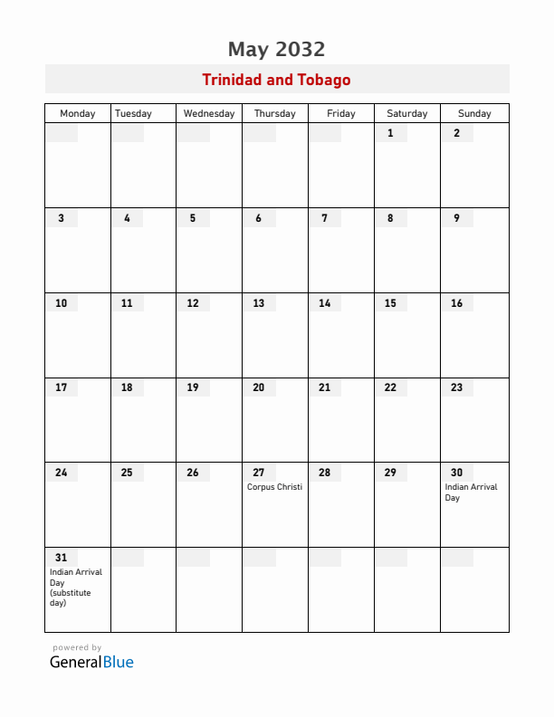 Trinidad and Tobago May 2032 Calendar with Holidays