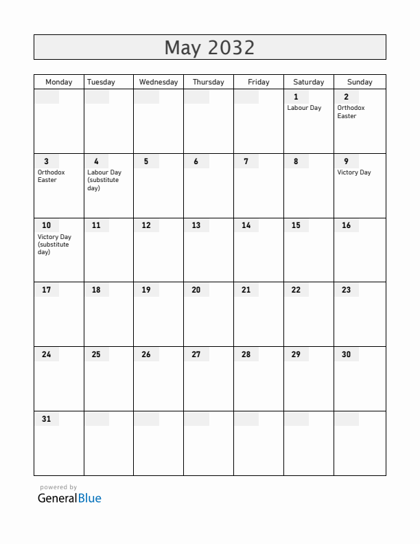 Ukraine May 2032 Calendar with Holidays