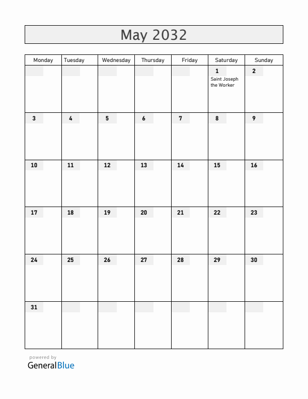 Vatican May 2032 Calendar with Holidays