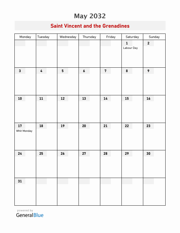Saint Vincent and the Grenadines May 2032 Calendar with Holidays