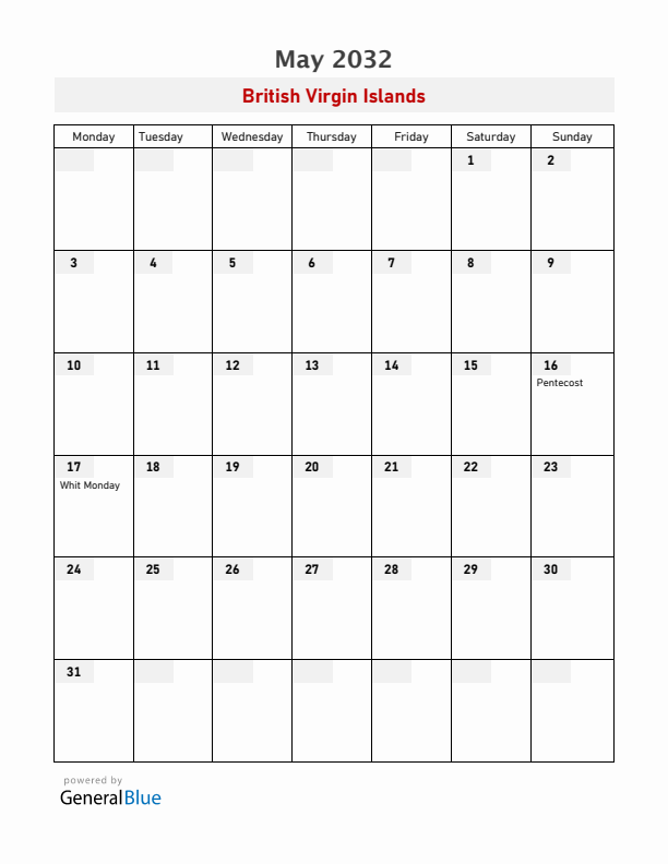 British Virgin Islands May 2032 Calendar with Holidays