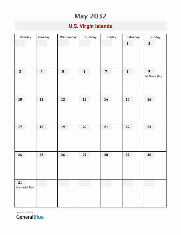 U.S. Virgin Islands May 2032 Calendar with Holidays