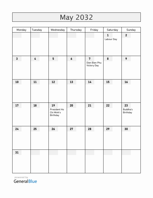 Vietnam May 2032 Calendar with Holidays
