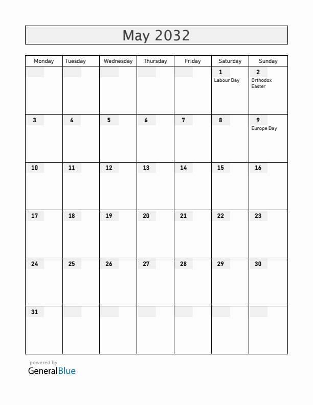 Kosovo May 2032 Calendar with Holidays
