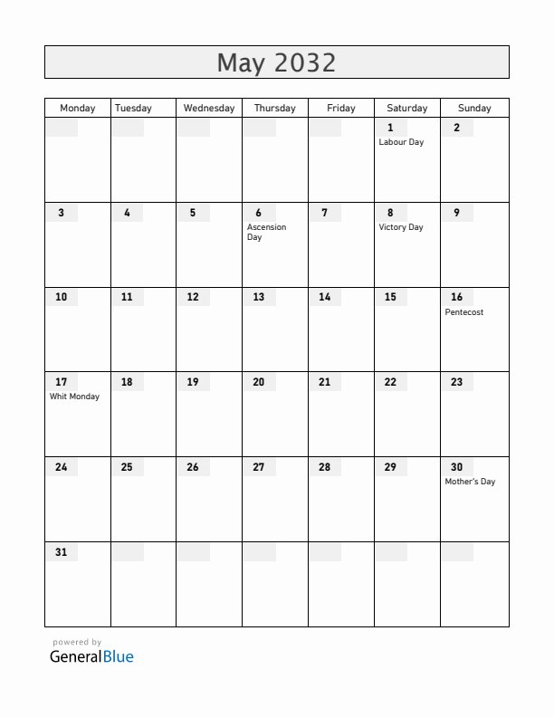 Mayotte May 2032 Calendar with Holidays