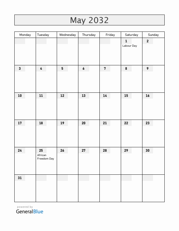 Zambia May 2032 Calendar with Holidays