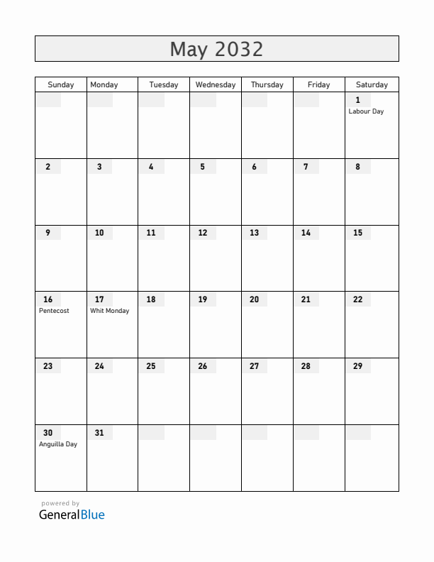 Anguilla May 2032 Calendar with Holidays