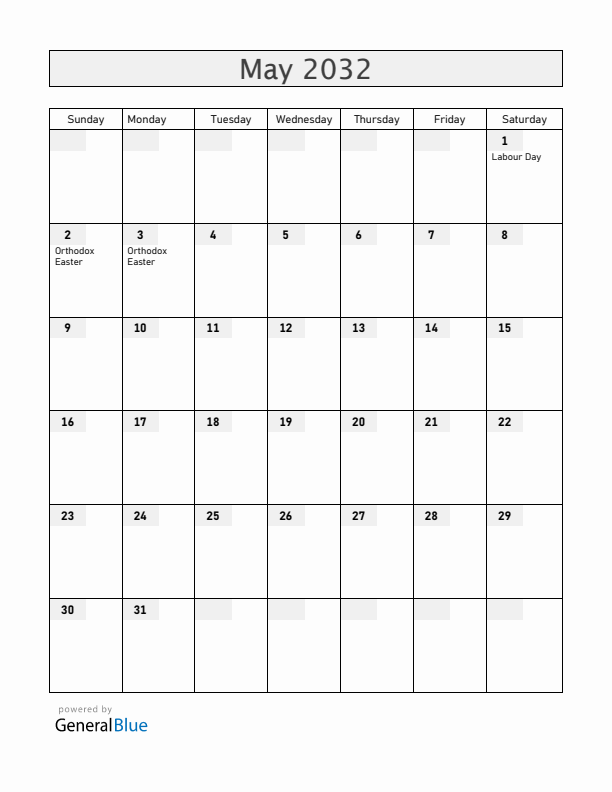 Albania May 2032 Calendar with Holidays