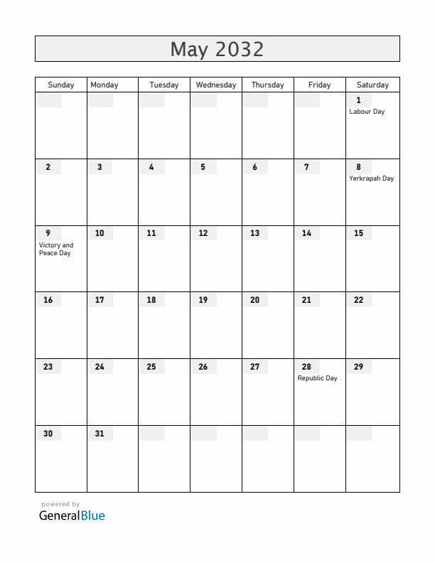 Armenia May 2032 Calendar with Holidays