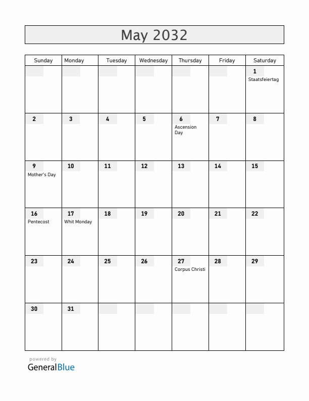Austria May 2032 Calendar with Holidays