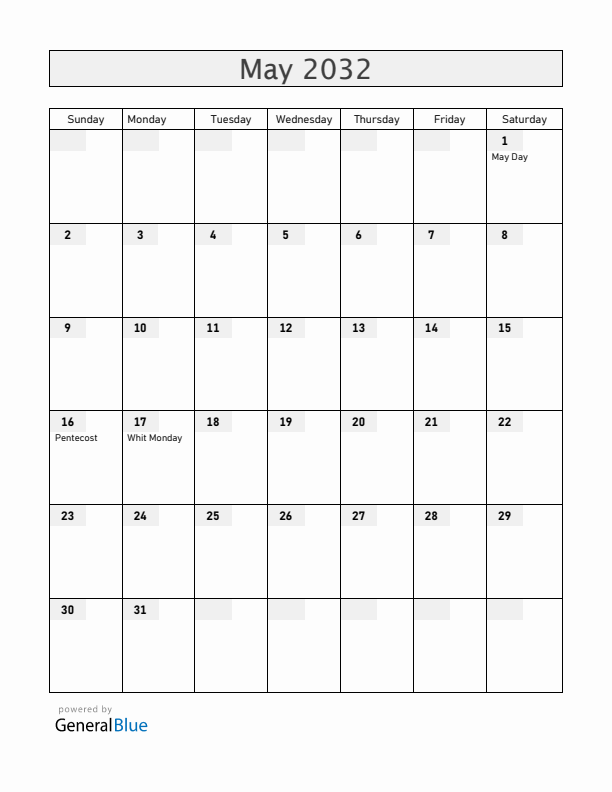 Barbados May 2032 Calendar with Holidays