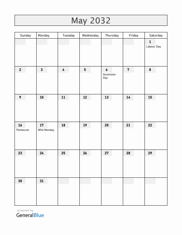 Benin May 2032 Calendar with Holidays