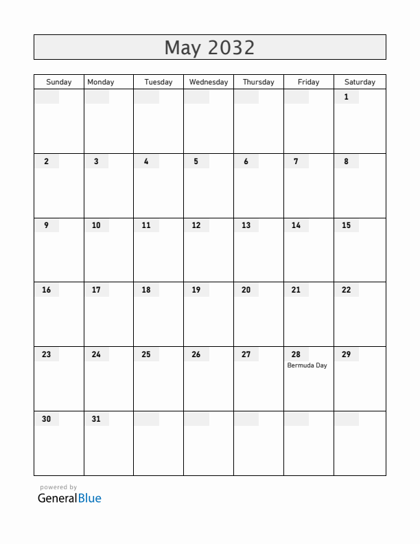 Bermuda May 2032 Calendar with Holidays
