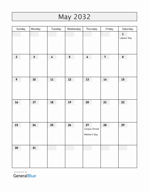 Bolivia May 2032 Calendar with Holidays