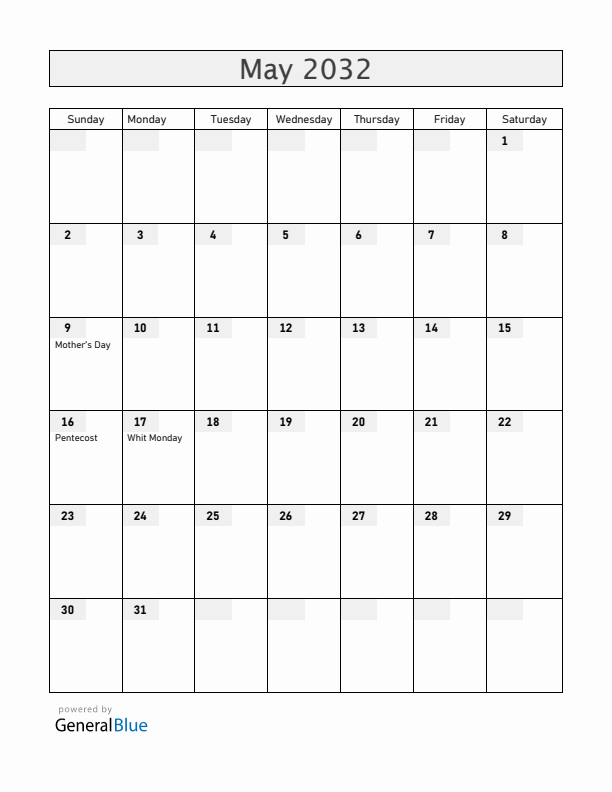 Bahamas May 2032 Calendar with Holidays
