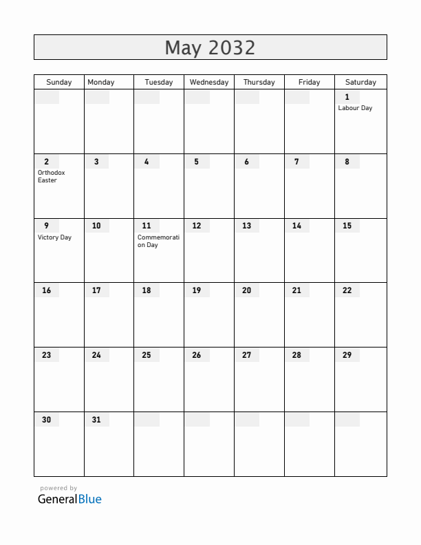 Belarus May 2032 Calendar with Holidays