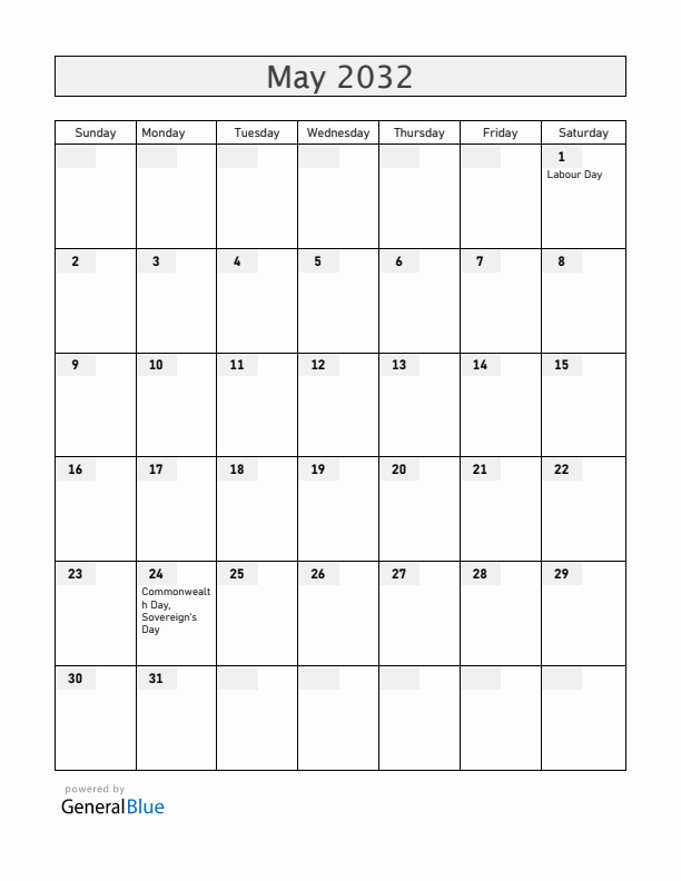 Belize May 2032 Calendar with Holidays