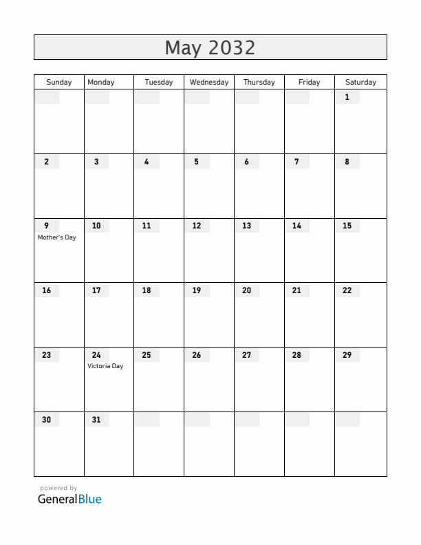 Canada May 2032 Calendar with Holidays
