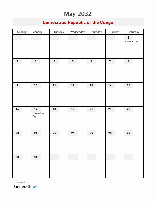 Democratic Republic of the Congo May 2032 Calendar with Holidays