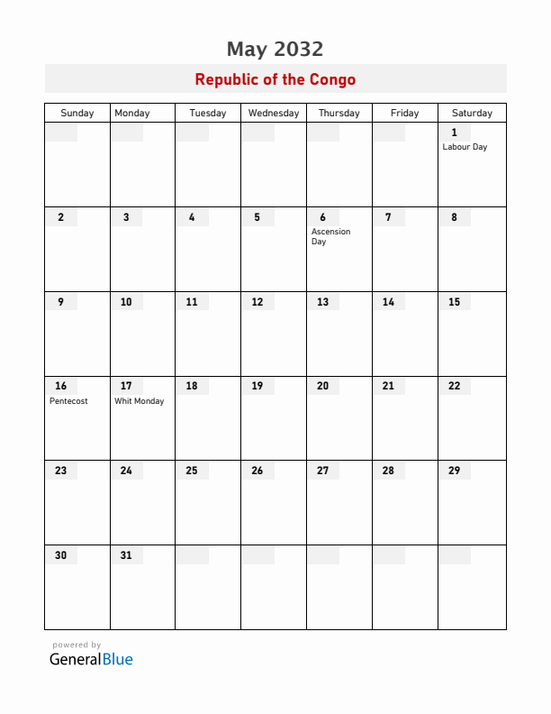 Republic of the Congo May 2032 Calendar with Holidays