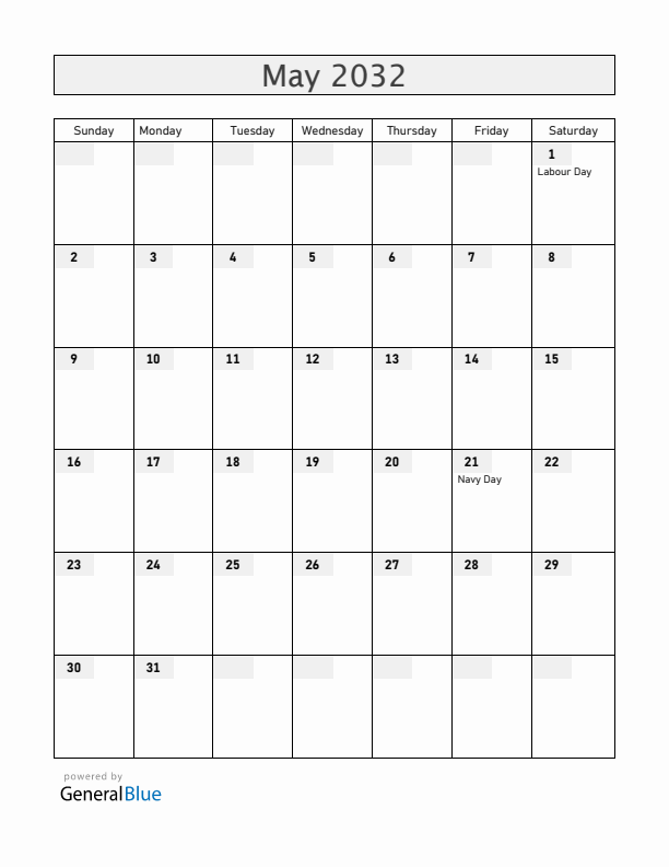 Chile May 2032 Calendar with Holidays