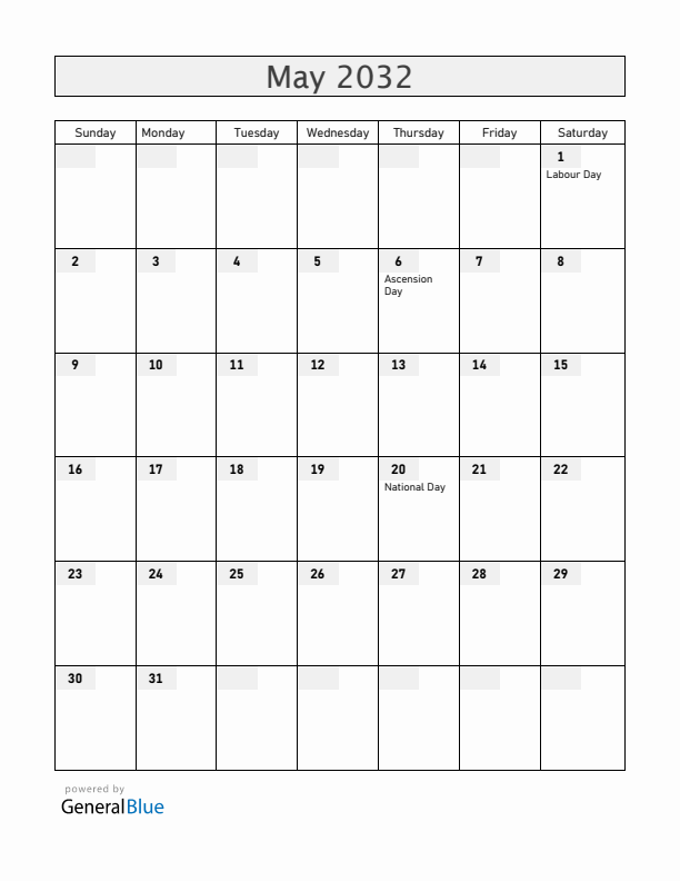 Cameroon May 2032 Calendar with Holidays