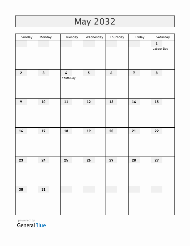 China May 2032 Calendar with Holidays