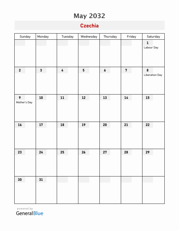 Czechia May 2032 Calendar with Holidays
